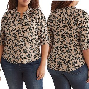 NWT Bobeau Patterned 3/4 Sleeve Button-Up Top Khaki/Deep Forest Leaf Size 2X